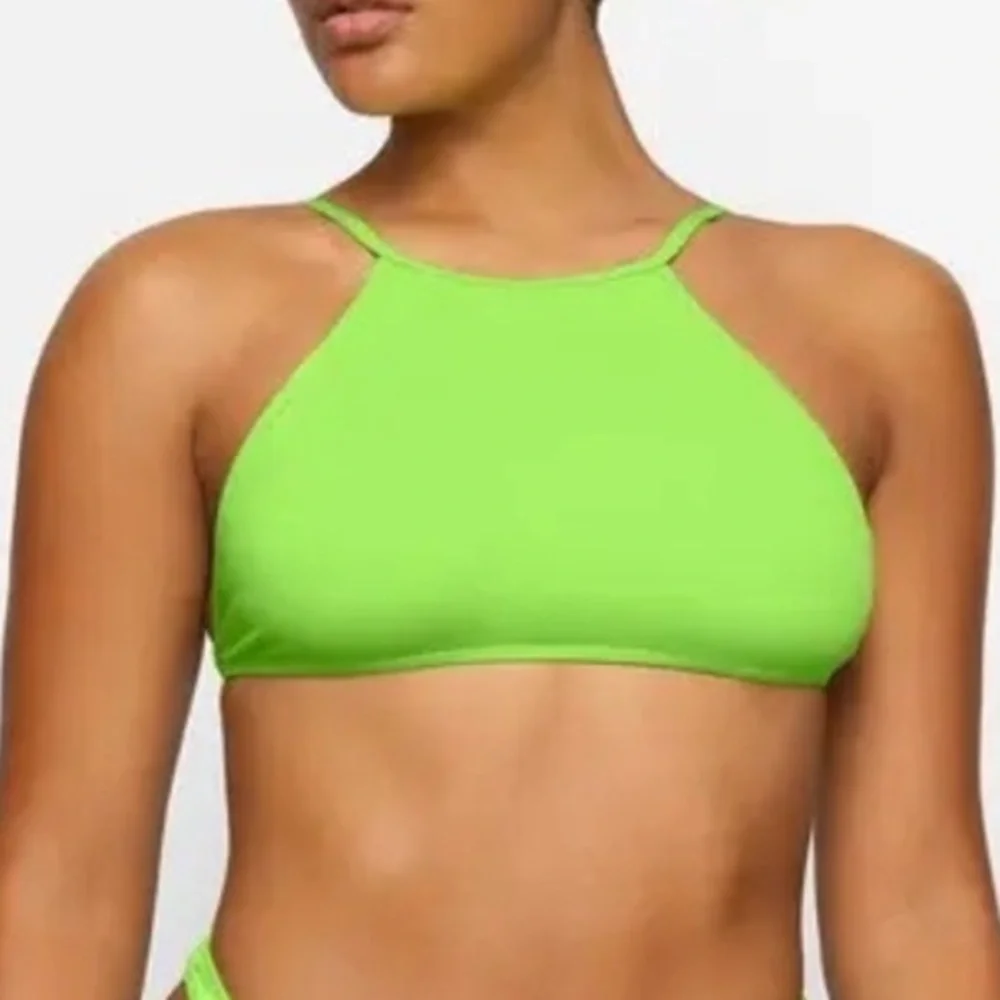 NWT! Skims Recycled Swim High Neck Bikini Top XS Neon Green Festival Crop